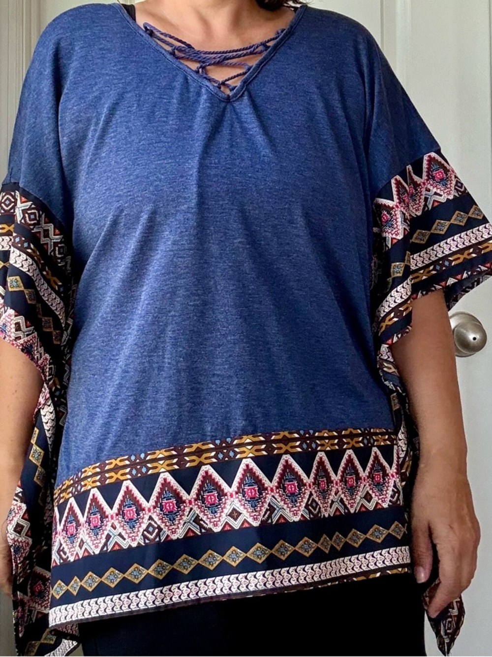 BloomChic Navy Boho Tunic with Patterned Trim